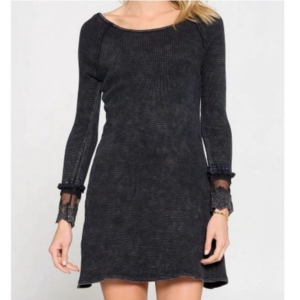 Able Stone Washed Waffle Knit Black Long Sleeve Dress